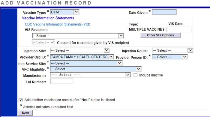 Option 1: Add a Vaccination Record (Recommended for VFC Participants) We recommend using this option if you are a VFC participant so that you can appropriately record VFC eligibility for each
