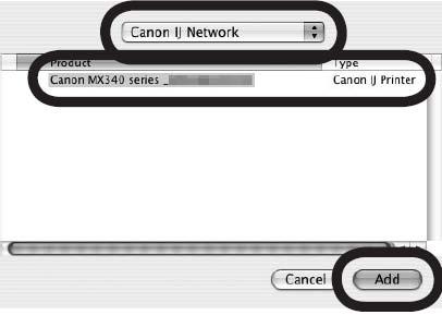 Select Canon IJ Network in the pop-up menu, select Canon MXxxx series in the list