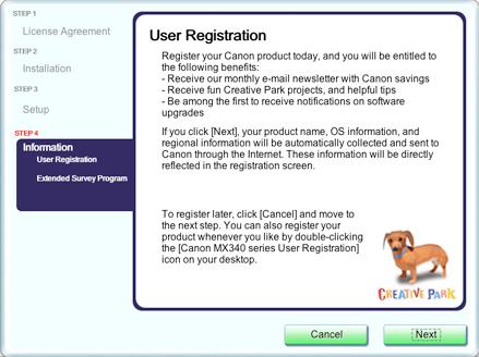 Registering the Printer & Scanner << Previous Next >> Step Eight If the User Registration screen
