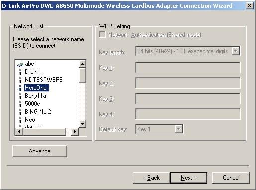 Select the SSID (the name of an AP) by clicking on it in the Please select a network name (SSID) to connect dialog box, shown below. Click Next to put settings into effect.