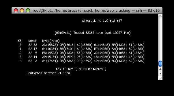 32 Background Figure 2.8: The aircrack-ng tool successfully recovers the WEP key by using the PTW attack 2.5.