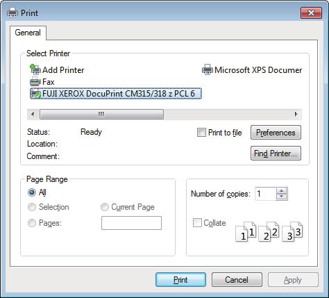 3. Perform either of the following: For Windows : a Select [FUJI XEROX DocuPrint CM315/318 z PCL 6], click