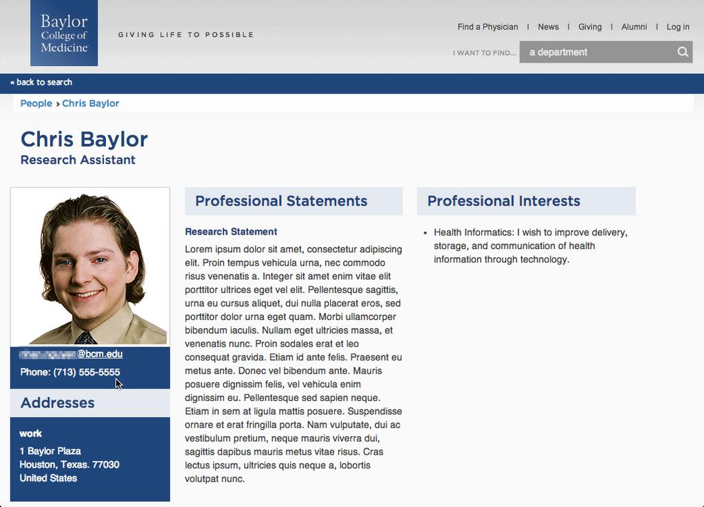 On a Signature-connected website, like the Baylor College of Medicine website, you can choose a profile (such as the Professional Profile from the example above) to show details you want to share.