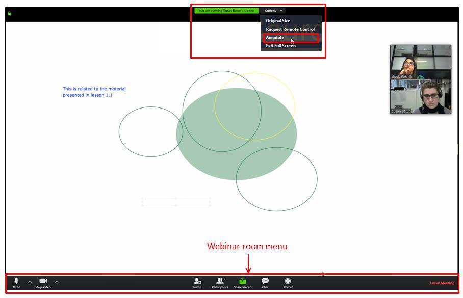 Note: Unlike when sharing a screen, the webinar room menu at the bottom does not change.