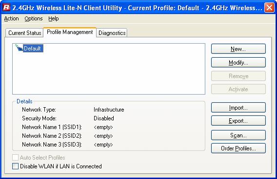 Modify a profile Remove a profile Activate a Profile Import a Profile Export a Profile Scan Available Networks Order profiles Figure 3-2 