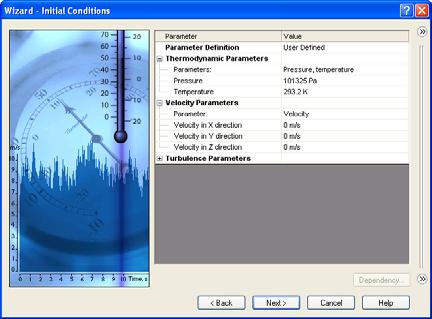 7 In the Initial Conditions dialog box specify initial values of the flow parameters.