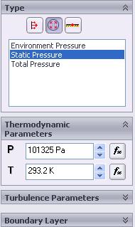6 Click Pressure Openings and in the Type of Boundary Condition list select the Static Pressure item. 7 Accept the default values for all of the other parameters (101325 Pa for Static Pressure, 293.