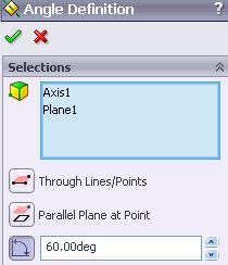 Right-click the plane item named Angle Definition and select Edit Definition. Set the At Angle property to 60. Click. Select Yes for each message that appears after you click.