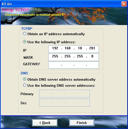 4. When the Setup TCP/IP screen displays, make your selections and click