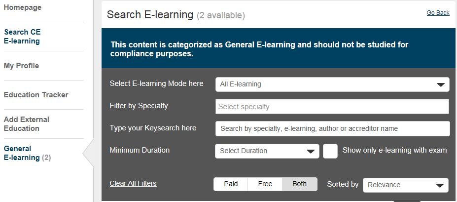 The Search E-learning page shown below will be displayed.