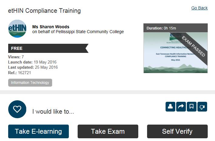 On the next screen, click Take E-learning to begin the training.