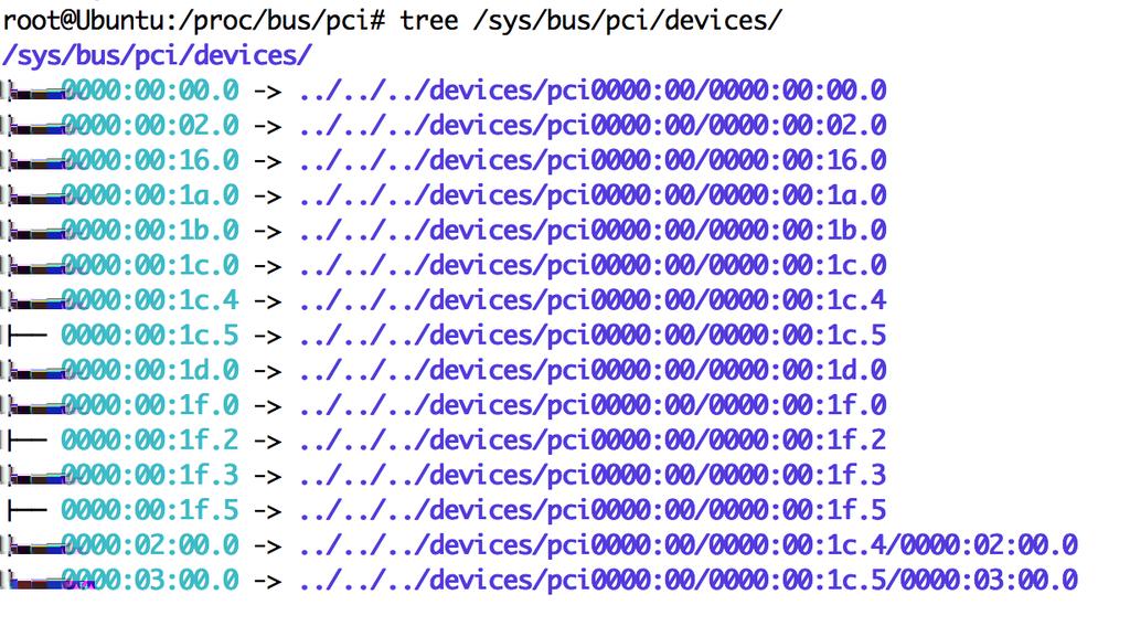 (domain, bus, device, and function); all the values are usually displayed in hexadecimal. For example we present the outputs of lspci and tree /sys/bus/pci/devices/ on figures 2.2,2.3.