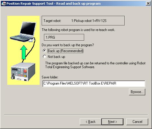 12. Position Repair Support Tool 12.9. Read and Backup Program Figure 12-8 Read and backup program Window To back up a program, select [Back up] and specify the Save folder.