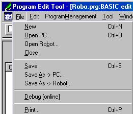 5. Program editing tool 5.5. Closing and saving a program Select the [Save As -> PC] or [Save As -> Robot] of the [File] menu in order to save an edited program.