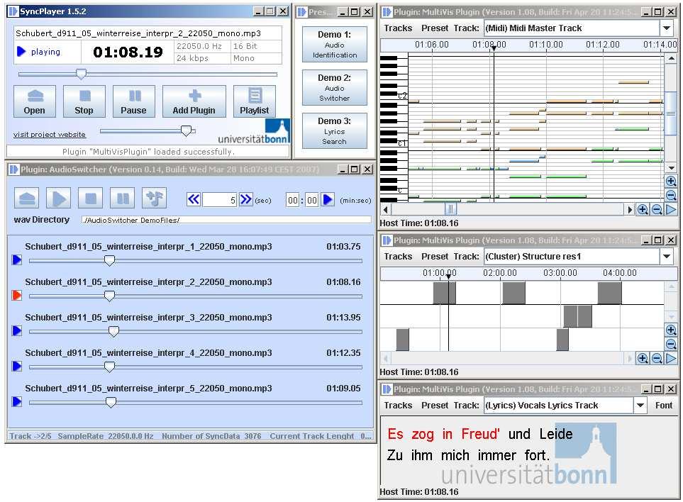 Figure 3: The Demo Preset 2 opens the AudioSwitcher plug-in and three MultiVis plug-ins that are set to display different types of annotation tracks. launched, see Figure 3.