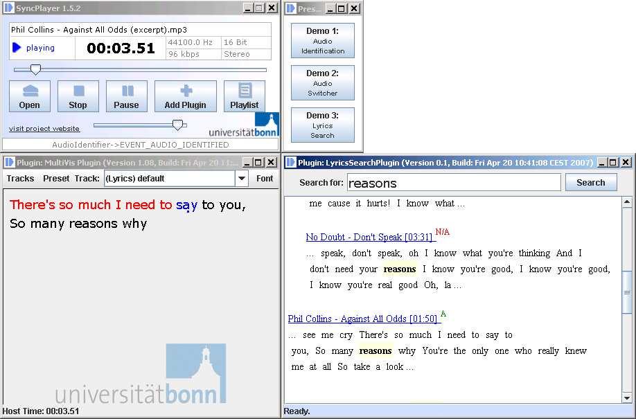 Figure 5: The Demo Preset 3 opens the LyricsSearch plug-in (bottom right) and a MultiVis plug-in. button, the entered text is sent as a query to the SyncPlayer server.