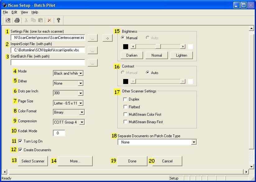 Configuring Defining the IScan Setup Batch Pilot On the Manage Profile window, in the Scan Document Image Source section, select beside the Use document scanner field, and then click Config to open