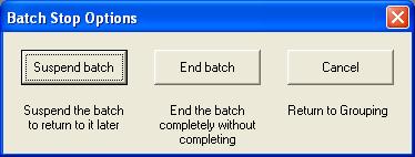 Scanning with 3. (optional) Click Stop for stopping options. The Batch Stop Options appears. Click End batch to cancel the batch and return to the main window.