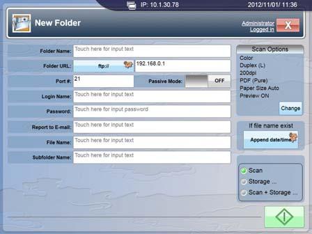 Change Filing Settings Tapping the [Add New Folder] button opens the following New Folder window. The New Folder screen contains server destinations with various parameters.