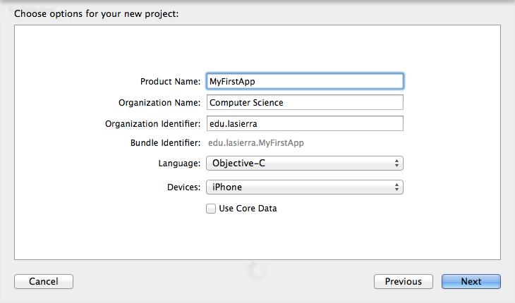 A New Project window appears to allow you to specify the name of your project as shown next. Type in MyFirstApp for the Product Name. Type in Computer Science for the Organization Name. Type in edu.