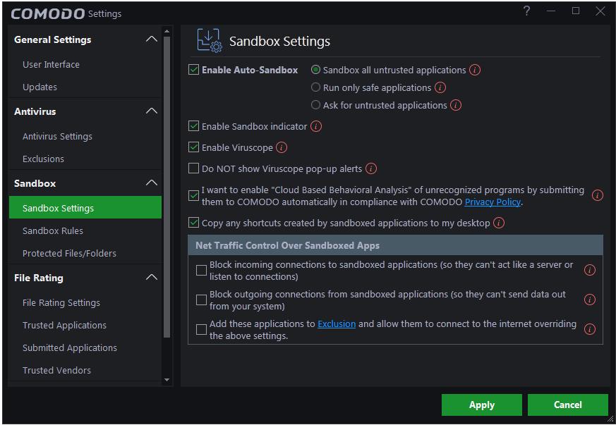 Refer to the following sections for more details: Sandbox Settings Sandbox Rules Protected Files/Folders 6.3.1.