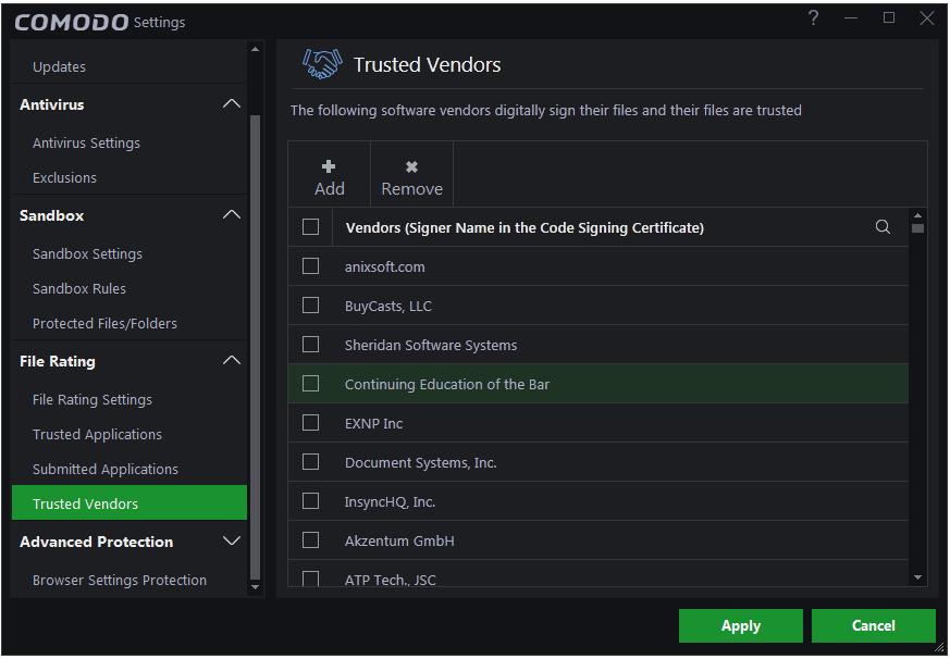 To open the 'Trusted Vendors' interface Click the 'Settings' at the top left of the CCAV home screen to open the 'Settings' interface Choose 'Trusted Vendors' under 'File Rating' on the left You can
