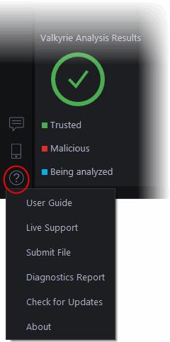 10. Comodo Support and About Information The 'Help' icon from the side menu icon bar lets you view the Comodo Cloud Antivirus online help guide; start a chat support session with a technician at