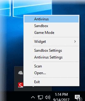 Enable / Disable AV, Sandbox and Game mode Right-click on the system tray icon to quickly enable or disable the Antivirus, Sandbox and Game Mode Antivirus To enable/disable the Antivirus 1.