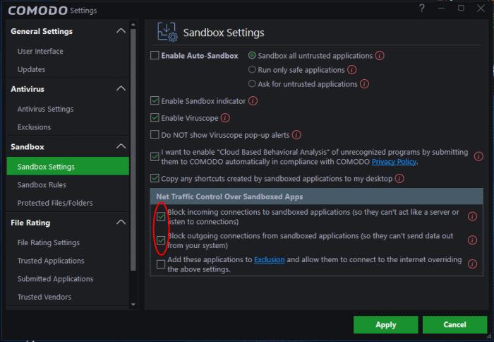 Add exclusions by allowing Internet connection to sandboxed applications To add exclusions to the above settings: Open the