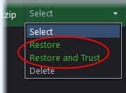 To restore a single item and exclude it from the future scans, choose 'Restore' and Trust' from the 'Apply this action to all' drop down menu in the item row.