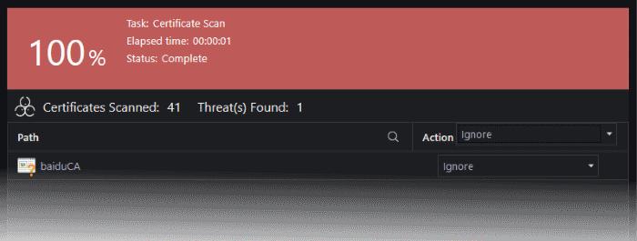 Ignore - If you want to ignore the untrusted certificate, select 'Ignore'. The certificate will be ignored only once and will be reported as untrusted on subsequent scans.