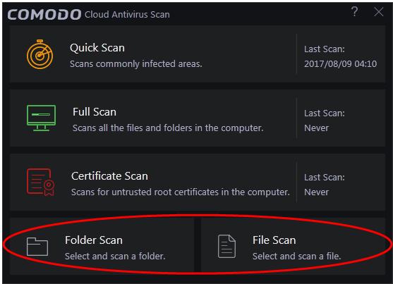 The following sections explain more on: Folder Scan - scan individual folders File Scan - scan an individual file 2.4.1.