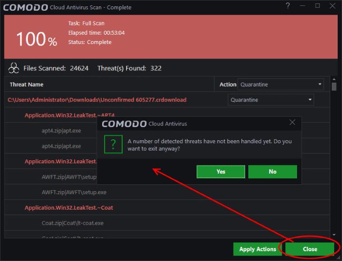 The 'Detected Threats' interface allows you to take action such as 'Quarantine', 'Trust' or 'Trust and Report False Positive' later on. See 'Managing Detected Threats' for more details. 2.6.