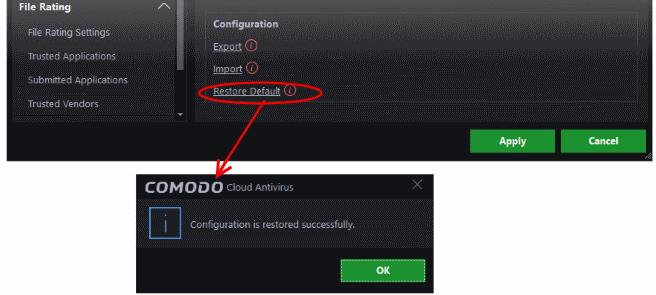 Restore your CCAV installation to Factory Default settings Click the 'Restore Default' link to reset CCAV to factory settings: A dialog box confirming the theme and settings changes will be shown: 6.
