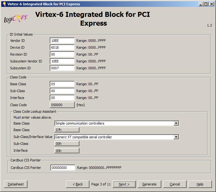 Generate PCIe Core Note ID Initial Values Vendor ID = 10EE Device ID = 6018