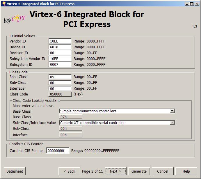 Generate PCIe Core Note ID Initial Values Vendor ID = 10EE Device ID = 6018