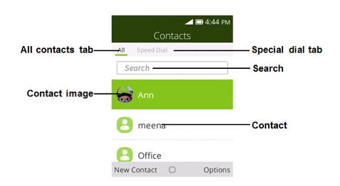 Item All contacts tab Show all contacts. Speed Dial tab Contact Contact image Search Show speed dial contacts. Select to show contact s details. Show thumbnail of contact entry. Search contacts.
