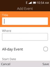 The add event window opens. 3. Enter an event title, start date/time, end date/time, etc., and then press the Right soft key to save. The event is added to your calendar.