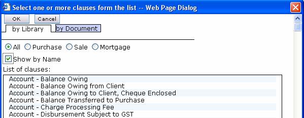 7. There is also an option to display clauses only related to a Purchase, Sale or Mortgage, and whether or not to display the clauses by name, instead of in a grouping.