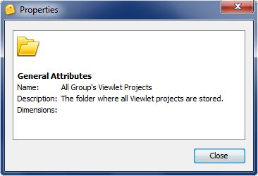 Folder Properties A folder s Properties dialog includes an image of a folder and General Attributes (folder name, description and dimensions).