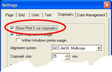 3. Enable the cropmarks. Right-click on an empty part of the worksheet, and choose the command Cropmark settings. This will show a dialog. Please tick the box called Show Print & cut cropmarks.