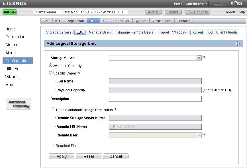 Configuring the ETERNUS CS800 S4 NetBackup and Backup Exec OST Guide "Adding an LSU" "Editing an LSU" "Deleting an LSU" Adding an LSU To add an LSU to a storage server: 1. On the LSU page, click Add.