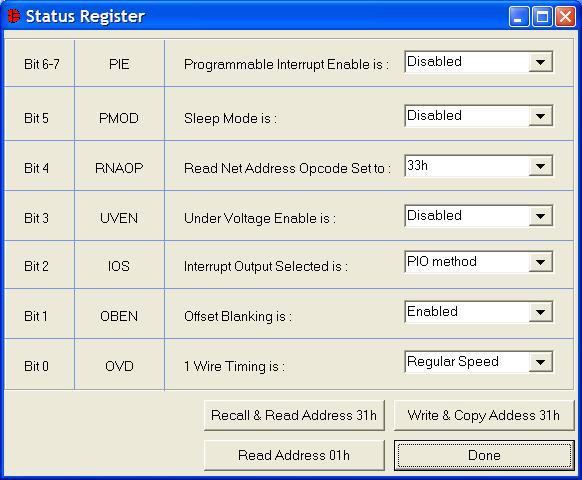 STATUS REGISTER The present state of all register bits are displayed immediately upon opening the register window. R/W locations contain a selection field to allow the user to determine their state.