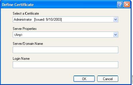Figure 23 - Define Certificate Window Select a Certificate Choose a certificate from the dropdown list. Server Properties Choose an authority from the dropdown list.