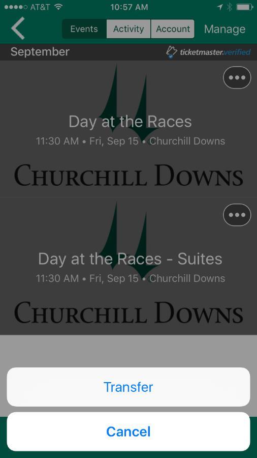 TRANSFER TICKETS CHURCHILL DOWNS MOBILE APP VERSION STEP 1: STEP 2: Open the Churchill Downs App on your mobile device and tap the Tickets banner on the home screen or ticket icon on the bottom tool