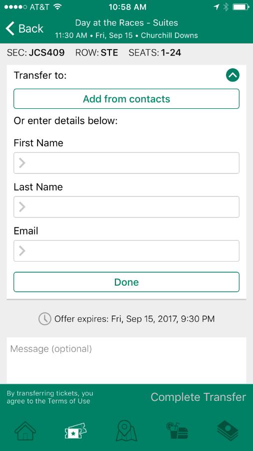 TRANSFER TICKETS CHURCHILL DOWNS MOBILE APP VERSION All of the previous methods of transferring tickets will take you to this screen: Both parties involved will