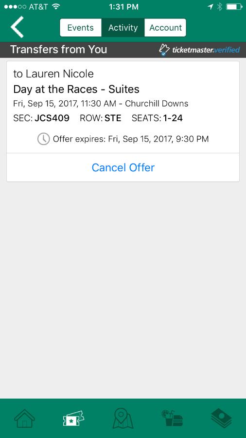 TRANSFER TICKETS CHURCHILL DOWNS MOBILE APP VERSION Cancelling a Transfer Accepting or Declining a Transfer From the main Events page within Manage and Scan Tickets, select Activity at the top to see