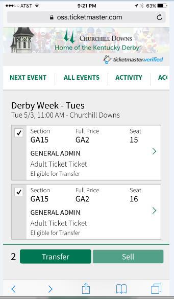 TRANSFER TICKETS MOBILE WEB VERSION STEP 4: Select the checkbox in the upper left-hand corner of each ticket that you wish to