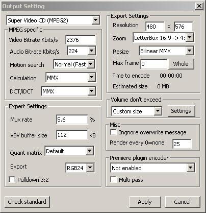 Output Setting for Super Video CD Output Setting for Super Video CD To rip a 100% SVCD compliant MPEG2 file, select the following settings: MPEG Specific: Choose Super Video CD (MPEG2).