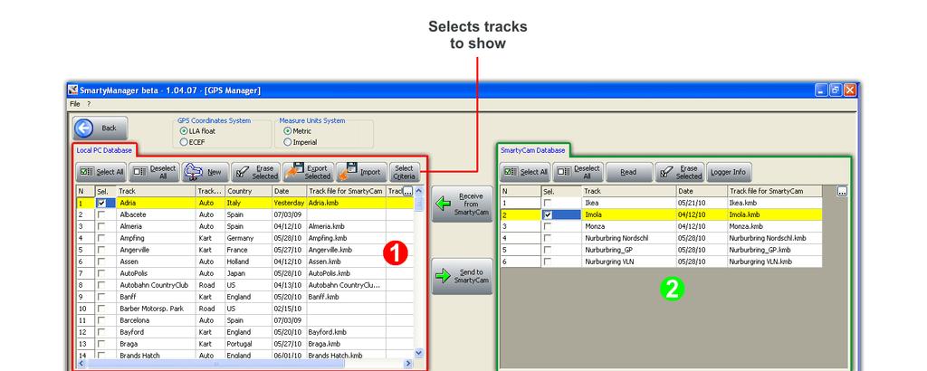 Tracks window, shown here below, is made up of four main panels: Local PC (software) Database (1); SmartyCam database (2); Visualized track information panel (3); Track map (4).